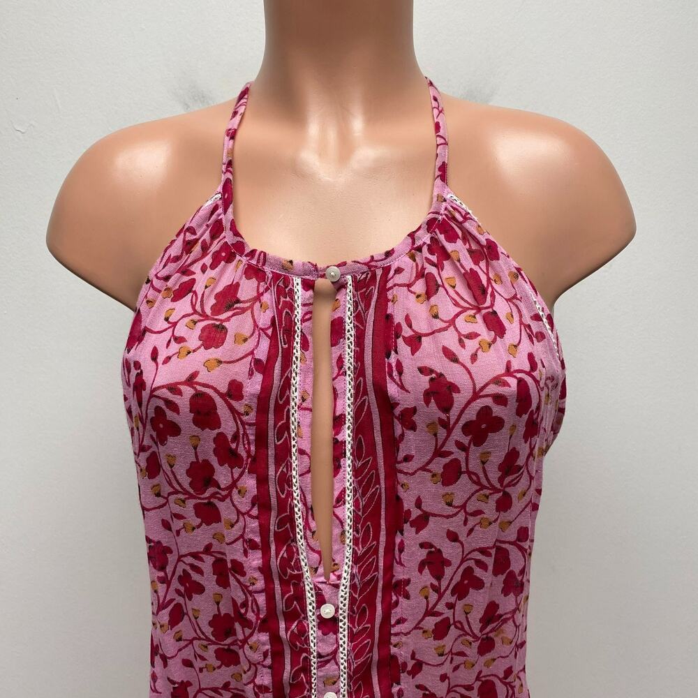Poupette St Barth Womens Pink Floral Halter Sleeveless Smocked Ruffled Dress L - Picture 3 of 16
